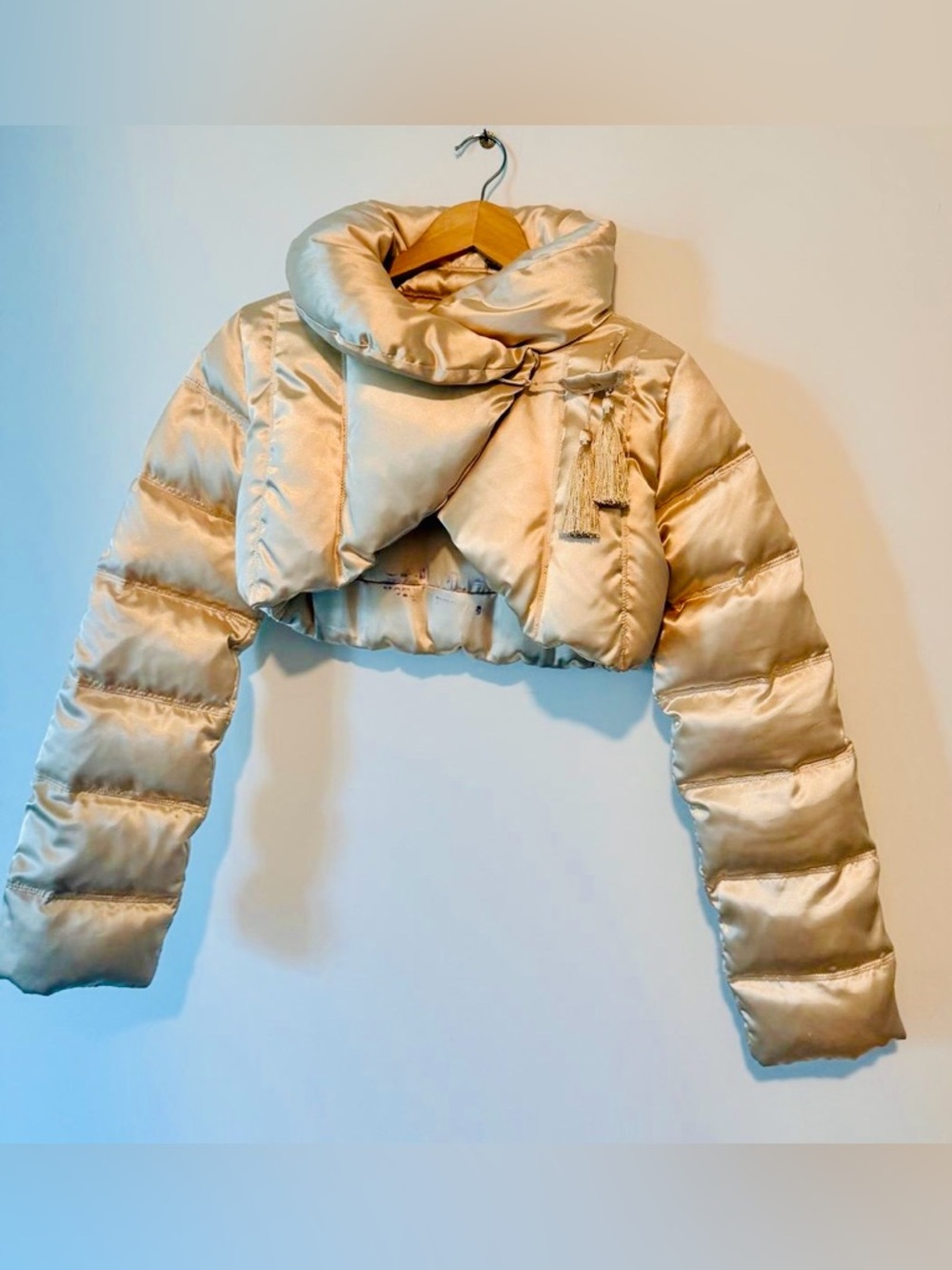 Azzure Cropped Puffer Jacket in Champagne/gold colour.  Sample jacket.